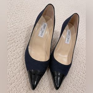 EUC Jimmy Choo Navy Blue/Black Fabric and Patent Leather Romy Pumps Sz. 36.5